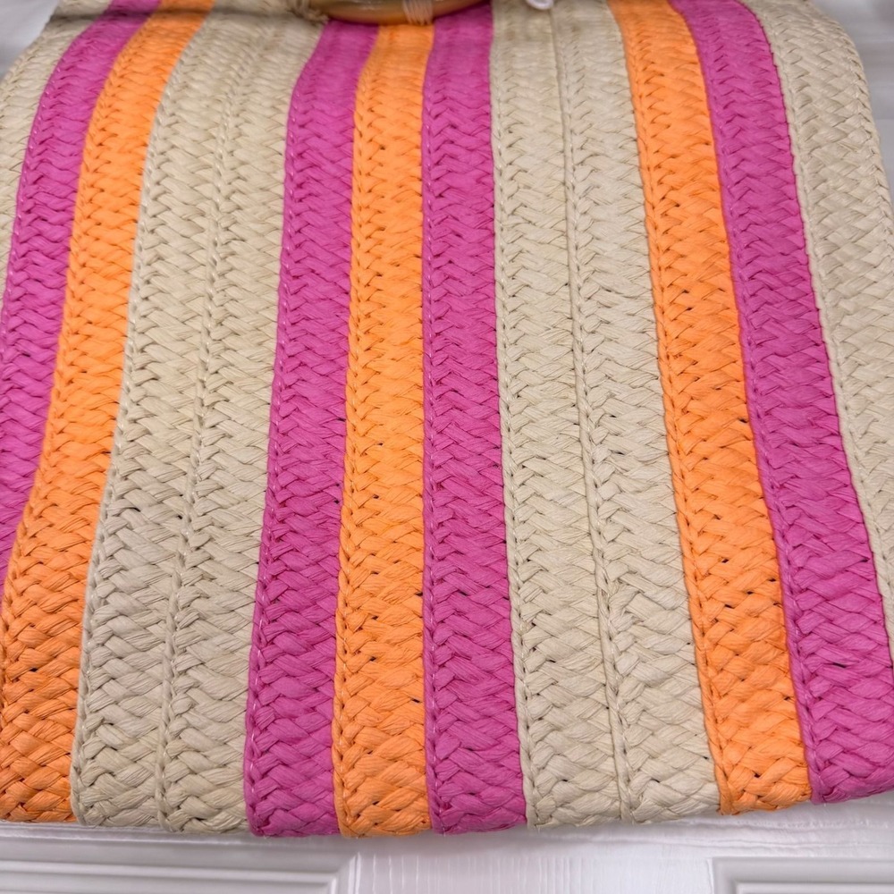 #123 Shiraleah Straw Tote Bag Pink Orange Striped Wooden Handle Fringed - Picture 7 of 11